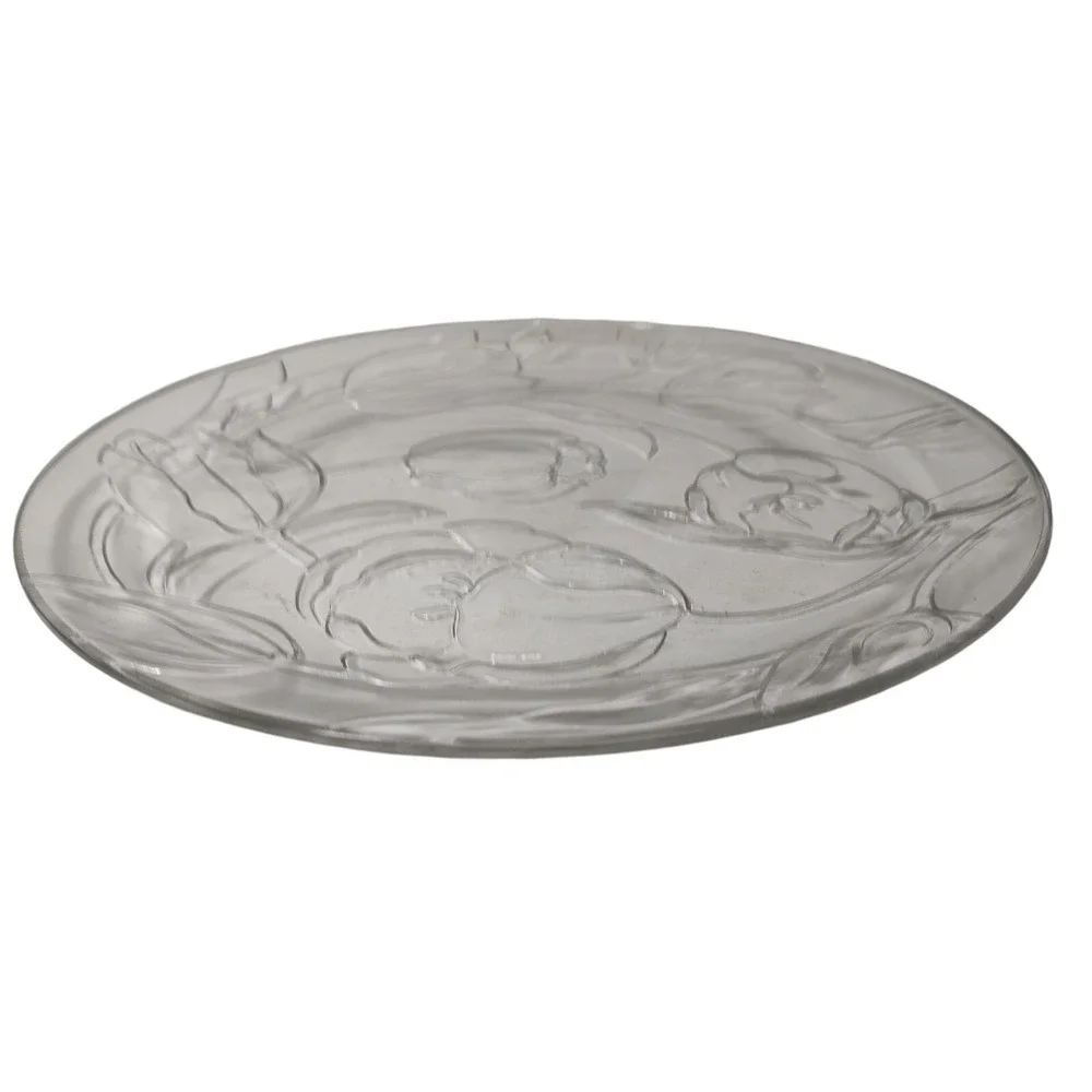 Vintage Kig Group Round Serving Platter Embossed Tulips‎ Clear Glass 13 inch SEE